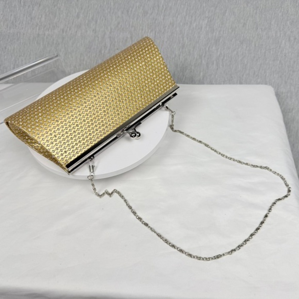 Gold Rhinestone Evening Clutch Metallic Formal Wedding Purse with Chain Strap - Picture 9 of 11